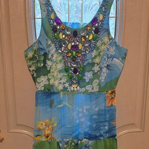 💖 DG2 Diane Gilman Blue Floral Maxi Dress Beaded Bodice Elastic Back Size L